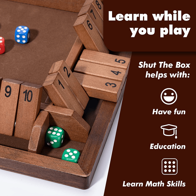 Shut The Box Game Juego de dados de madera de 1 a 4 jugadore