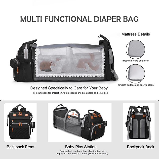 Mochila para pañales con cambiador, bolsa de viaje multifunc