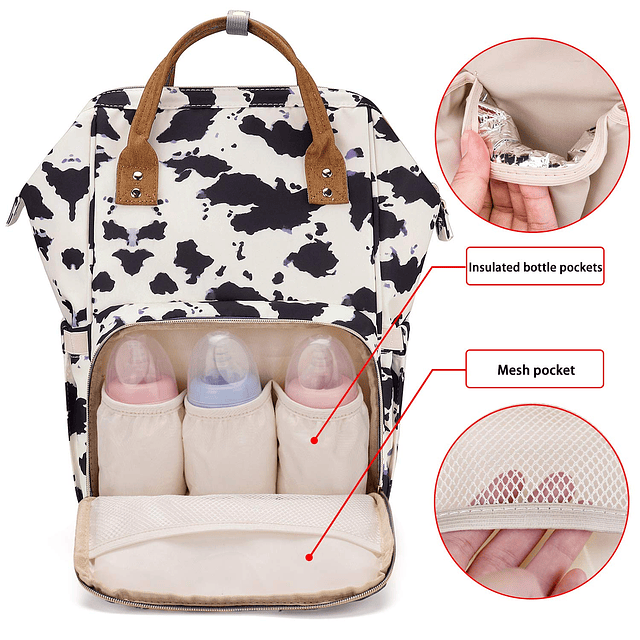 Mochila para pañales con estampado de vaca para bebés, niñas