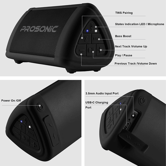 Prosonic BT3 Altavoz Bluetooth inalámbrico portátil con soni