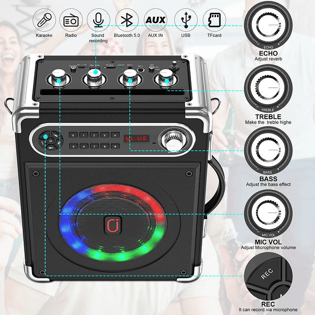 Altavoz Bluetooth con dos micrófonos inalámbricos, altavoz e