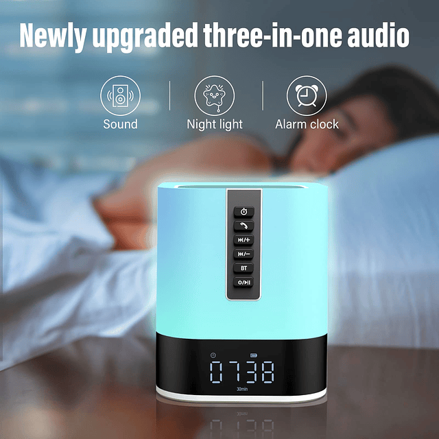 Altavoz Bluetooth con luz nocturna, sonido estéreo HD, reloj