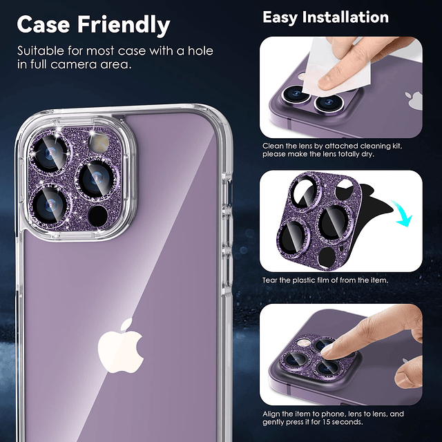 Protector de lente de cámara con purpurina para iPhone 14 Pr