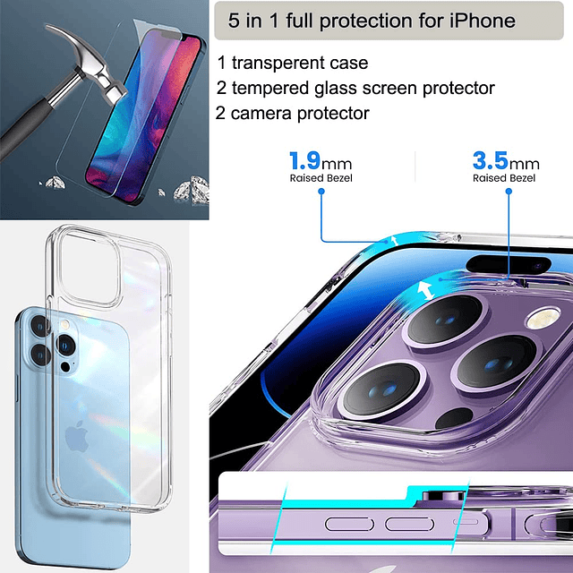 Funda 5 en 1 para iPhone 15 Pro Max, con 2 protectores de pa