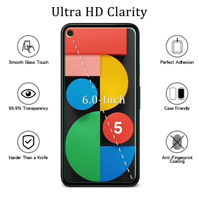 2 unidades Protector de pantalla para Google Pixel 5 de vidr
