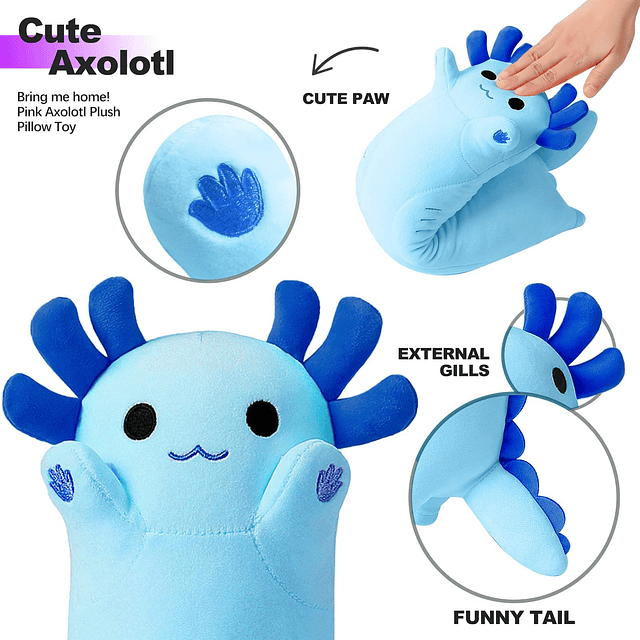 Squishy Almohada de peluche de Axolotl largo azul, lindo ani