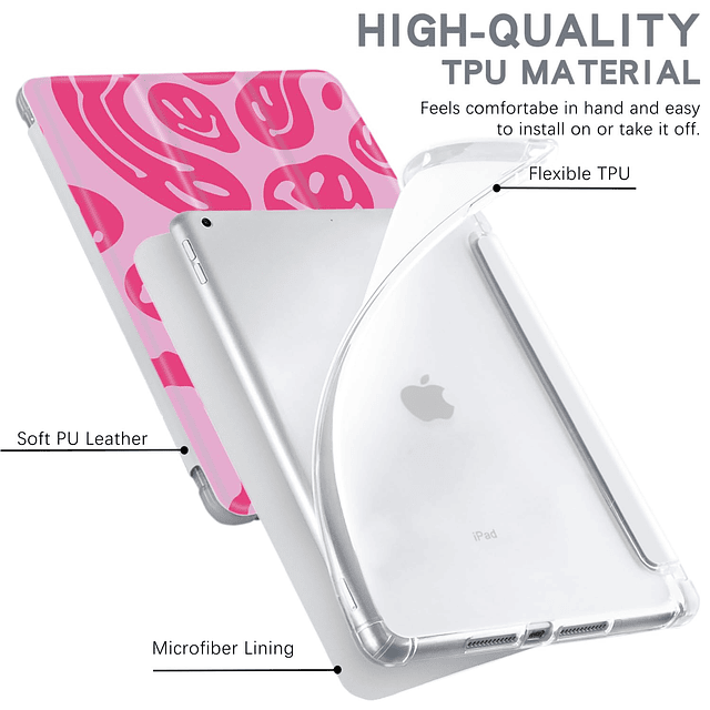 - Funda rosa con diseño de cara para iPad de 5/6 generación