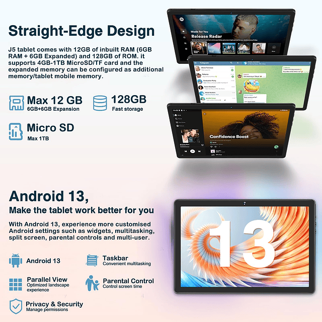 2024 La tableta más nueva de 10 pulgadas, 12 GB de RaM + 128