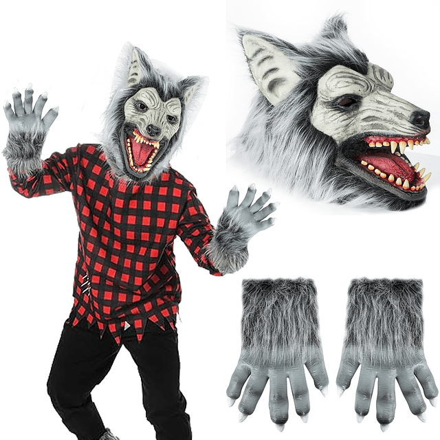 Máscara de Lobo de Terror de Halloween con Garras, Disfraz d