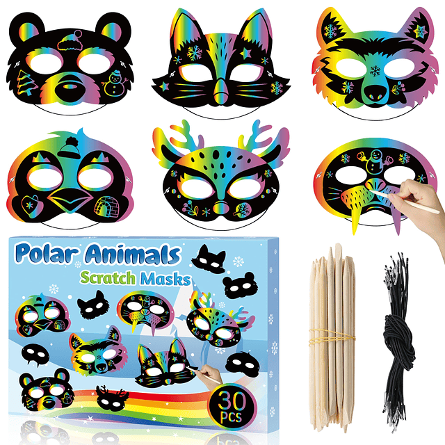 Juego de 30 máscaras para rascar de animales polares, kit de