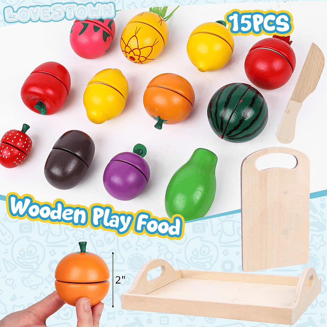 Juego de 15 piezas de comida de madera para cocina de niños,