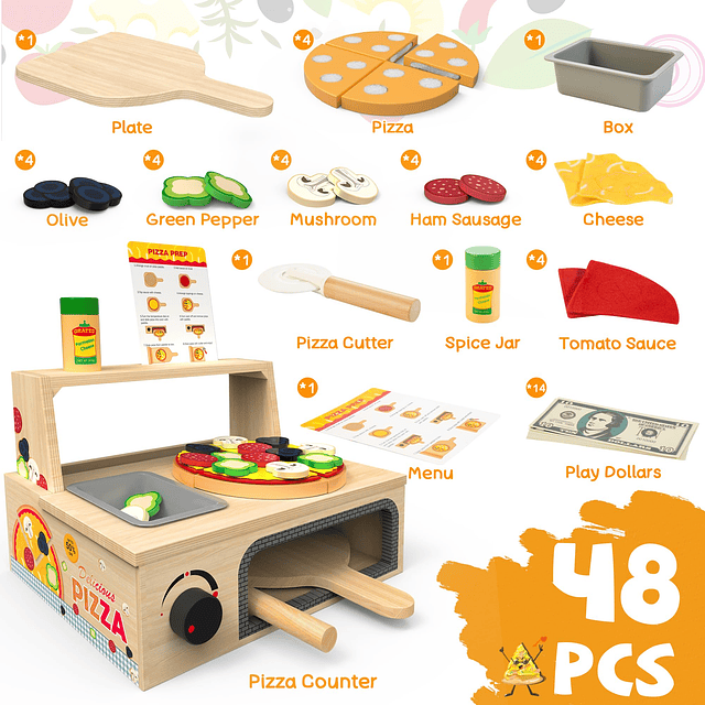 Juguete de madera para pizza, 48 piezas Montessori de comida