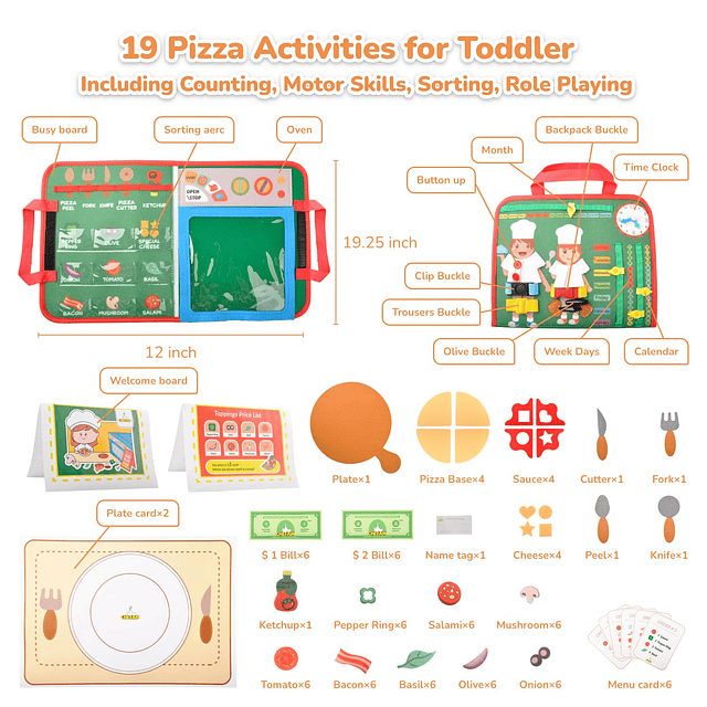 Tabla de pizza de fieltro para niños pequeños, juguetes de a