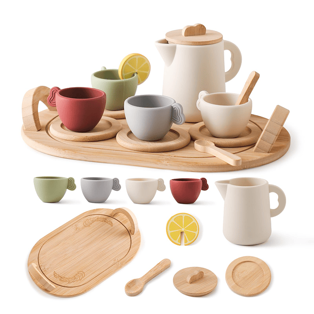 Juego de fiesta de té de madera para niñas pequeñas, juego d