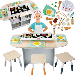 Hibachi Grill Juego de madera para niños con taburetes, mesa