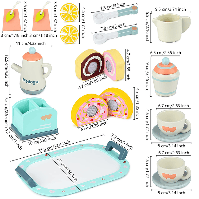 Juego de té de madera, juego de juguetes, accesorios de coci