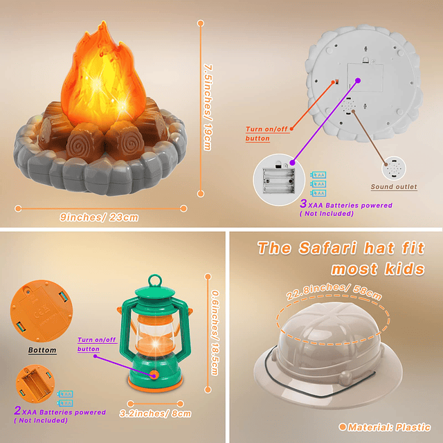 Juguetes de camping para niños, fogata, linterna, sombrero d