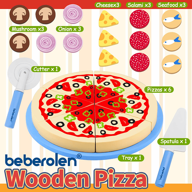 Juego de comida de madera y juguete de pizza de madera