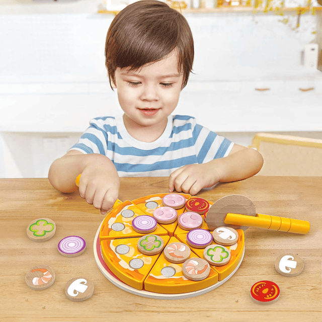 Juguete de pizza de madera para niños, juego de corte de piz