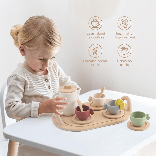 Juego de fiesta de té para niños, juego de té de madera para