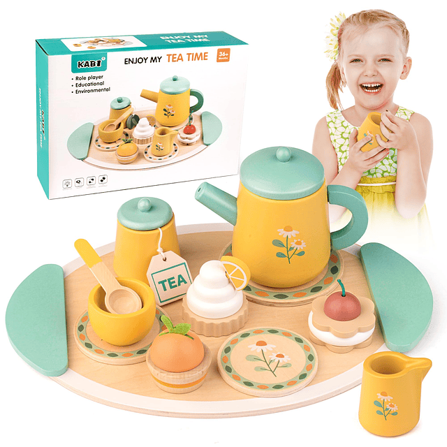 Juego de fiesta de té, juguetes de madera para niños pequeño