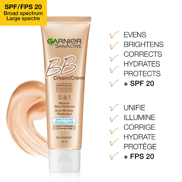 SkinActive BB Cream Hidratante facial sin aceite, ligero/med