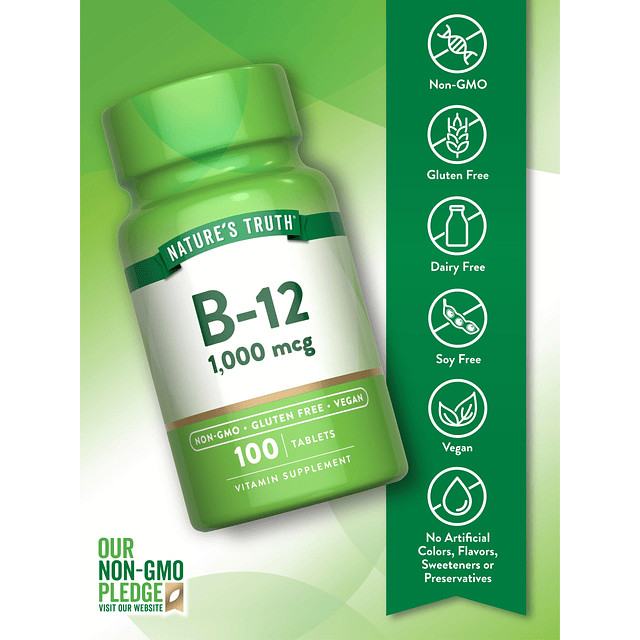 B12 Vitamina 1000 mcg | 100 tabletas | Suplemento vegano, si