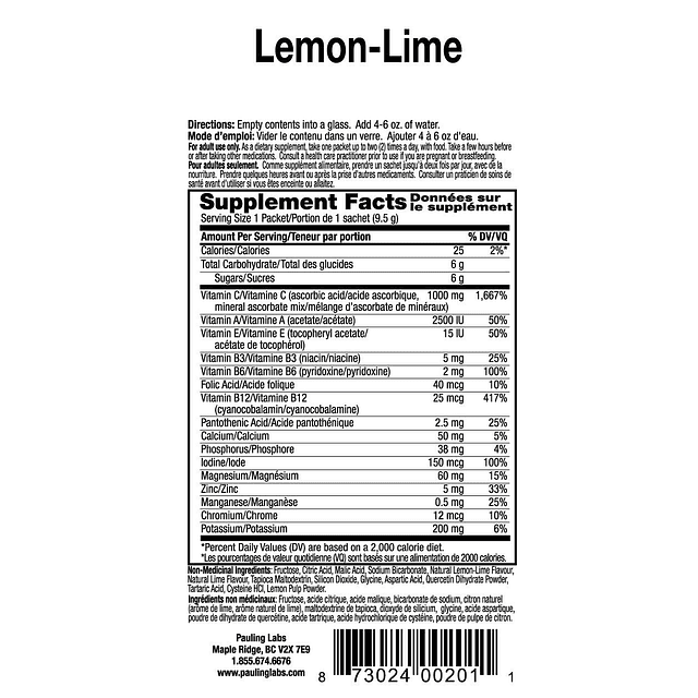 Mezcla de bebidas vitamínicas , lima limón, 1000 mg, 30 unid