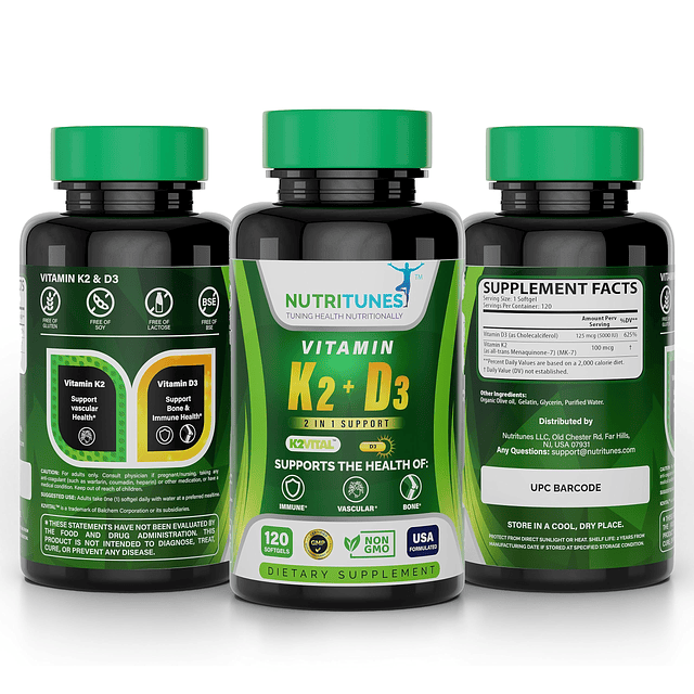 Vitamina K2 + D3 (120 cápsulas blandas) Suplemento de vitami