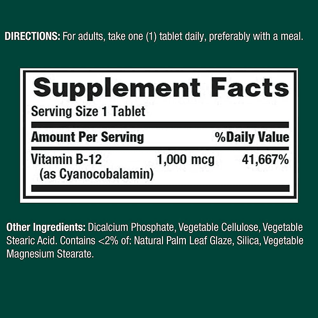 Vitamina B12 natural, 1000 mcg, 100 tabletas (paquete de 2)