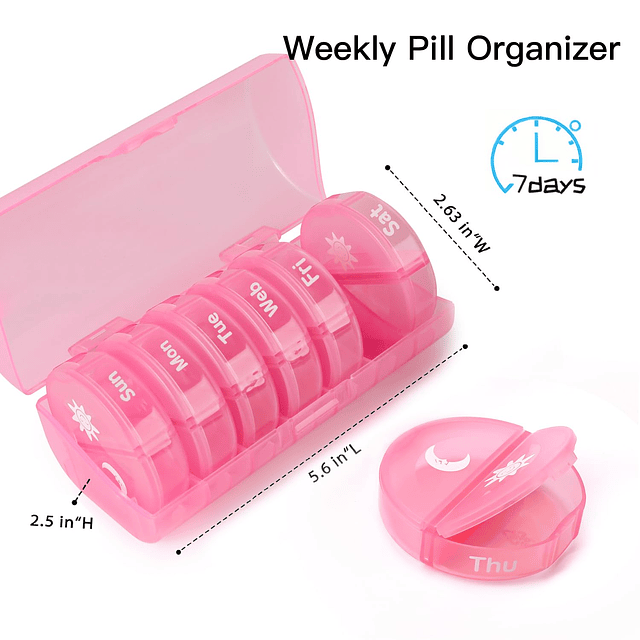 Pastillero semanal rosa 2 veces al día, pastillero de viaje