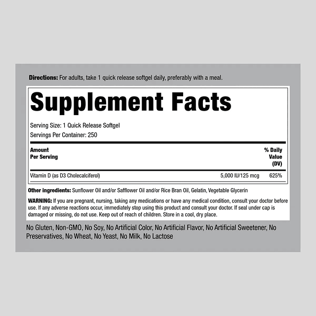 Vitamina D3 5000 UI | 250 cápsulas blandas | Suplemento de a