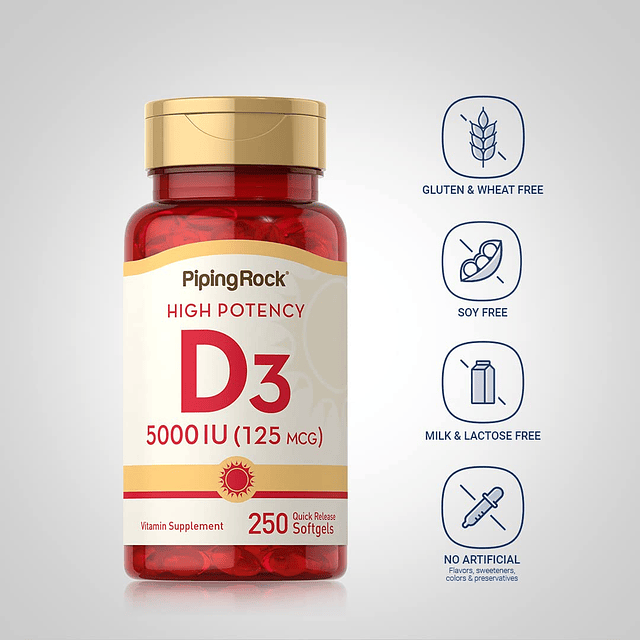 Vitamina D3 5000 UI | 250 cápsulas blandas | Suplemento de a