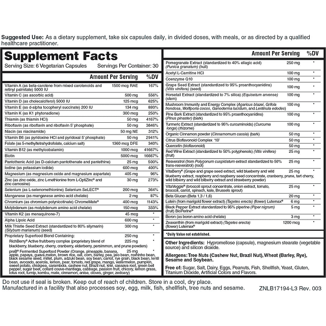 Six Daily Advanced Multivitamin Más de 90 nutrientes, minera