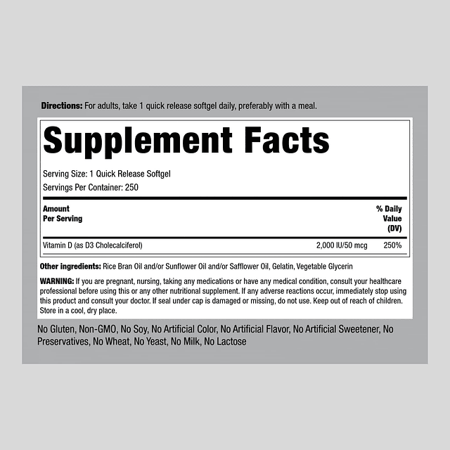 Vitamina D3 2000 UI | 250 cápsulas blandas | Alta potencia |