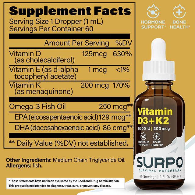 Vitamina D3 + K2 Gotas líquidas con aceite Omega 3 5000 UI V