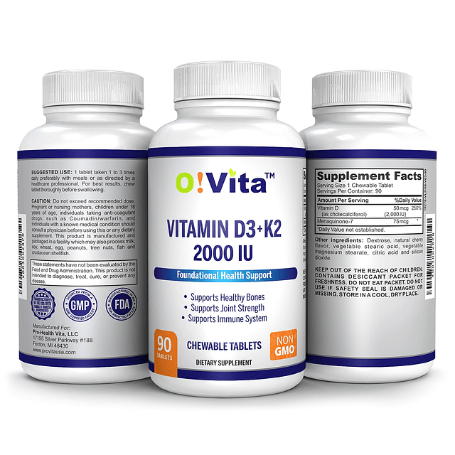 Vitamina D3 + K2 2000 UI masticable para apoyar la salud de