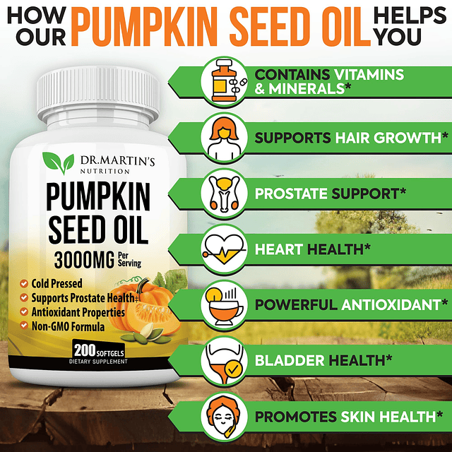 3000 mg de aceite de semilla de calabaza prensado en frío |