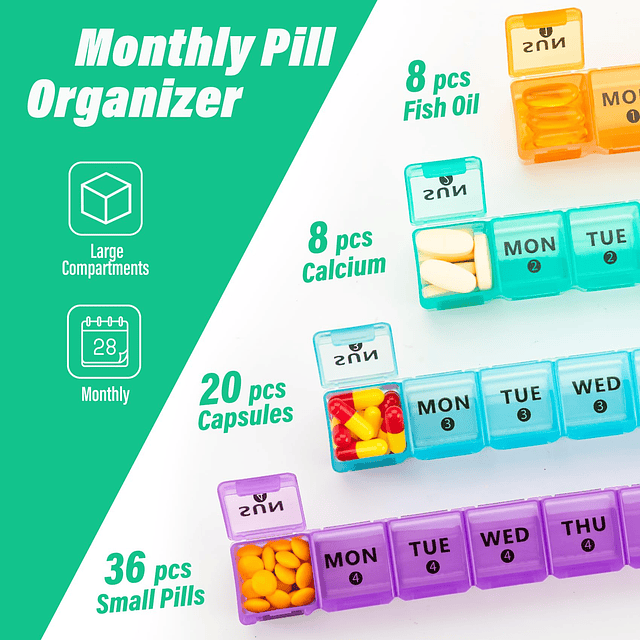 Pastillero mensual grande XL 4 semanas, organizador de pasti