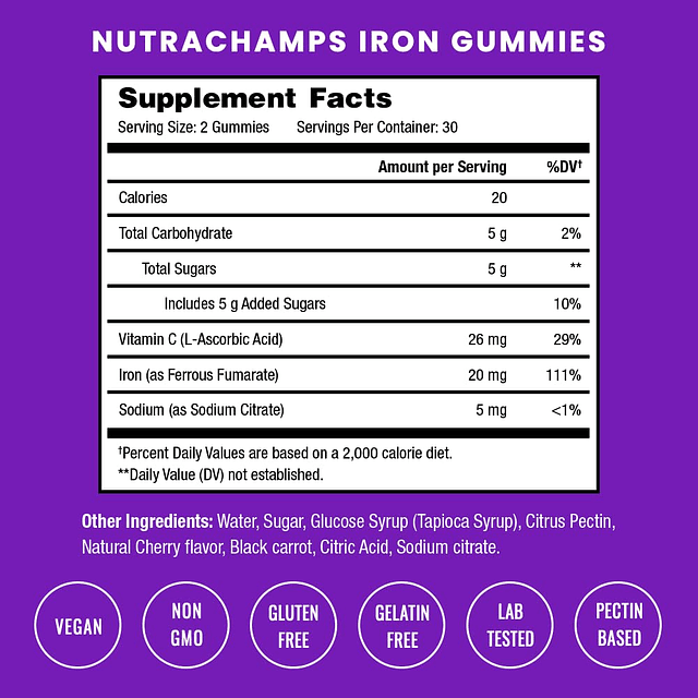 Gomitas de hierro con vitamina C | Gomitas de hierro de 20 m