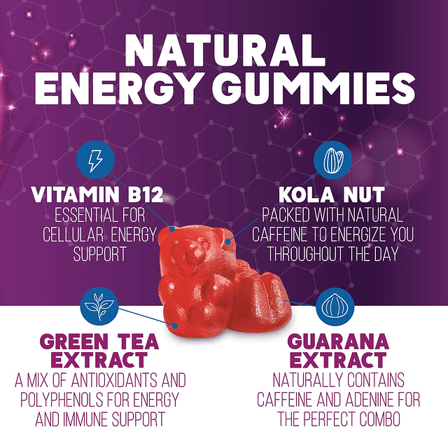 Energy Gummies Vitamina B12, té verde y cafeína natural, ext