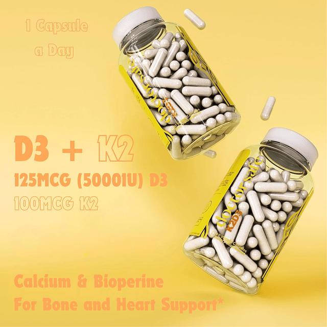 Vitamina D3 K2 con calcio y BioPerine MK7 + D3 5000iu Sin gl