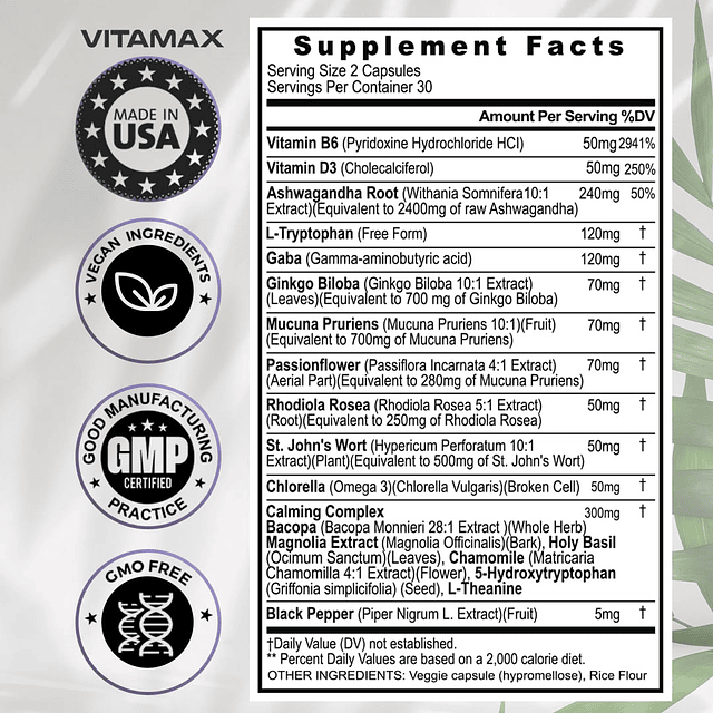 GABA 500 mg 5 HTP 150 mg Ginkgo Biloba L Triptófano 500 mg L