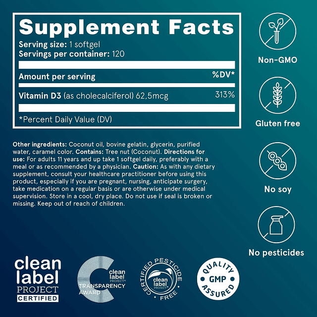 Vitamina D3 con aceite de coco orgánico 120 x 2500 UI para u