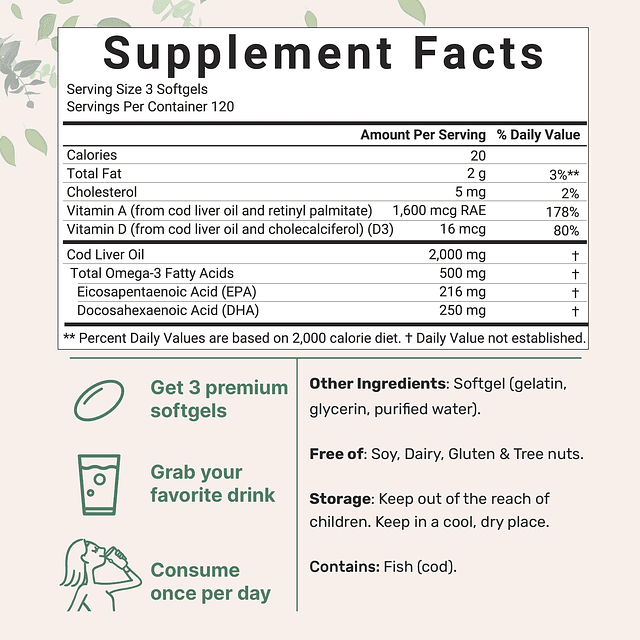 Aceite de hígado de bacalao 2000 mg por porción, 360 cápsula