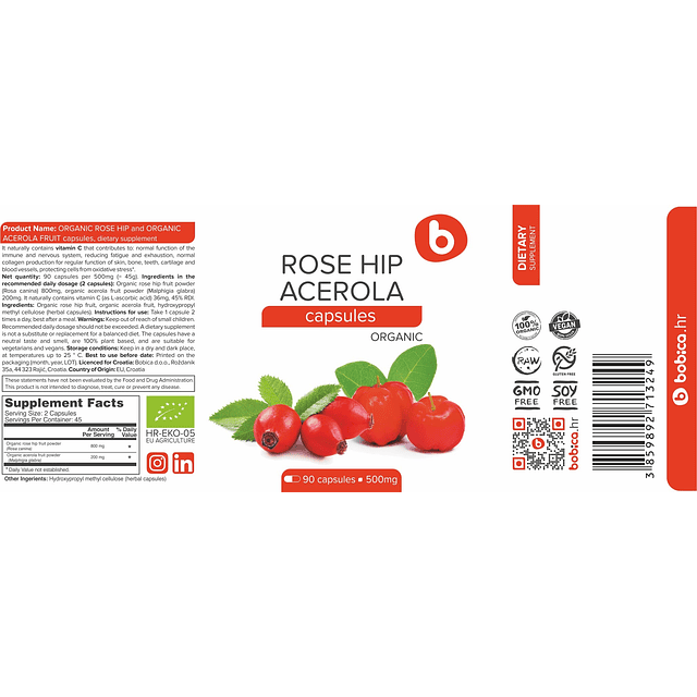 Cápsulas orgánicas de vitamina C de rosa mosqueta y acerola,