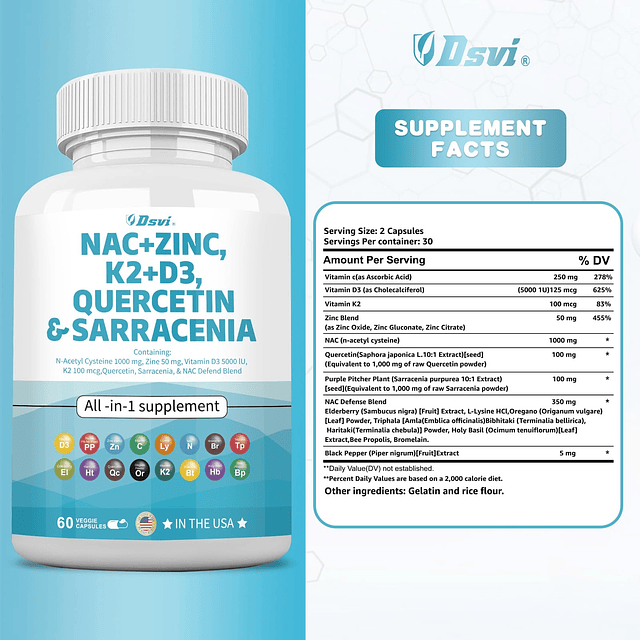 Suplemento NAC N-Acetil Cisteína 1000 mg Vitamina D3 K2 Zinc