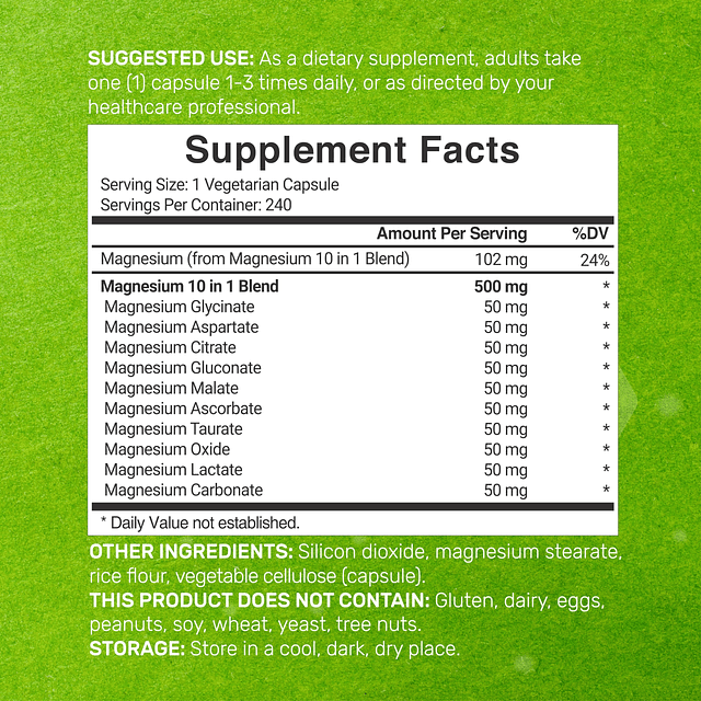 Suplemento complejo de magnesio 500 mg, 240 cápsulas vegetal