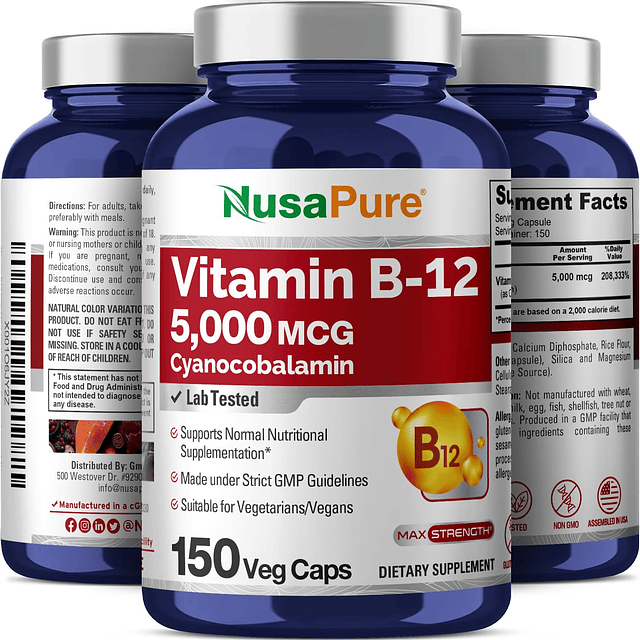 Vitamina B12-5000 MCG 150 cápsulas vegetales (sin OGM, sin g