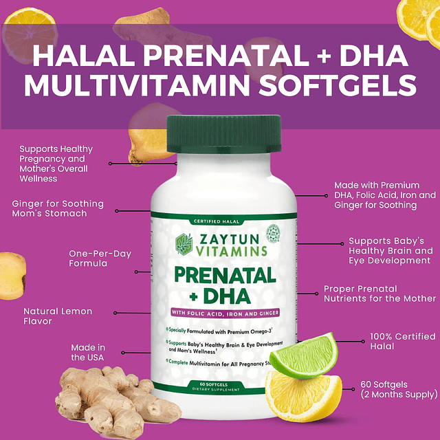 Vitaminas prenatales halal + DHA, hierro con ácido fólico, j